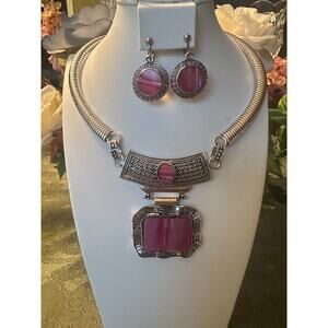 Clip on silver and pink shell necklace and earring set
